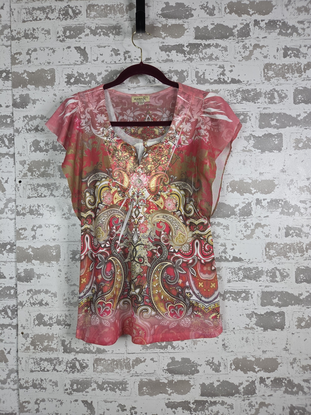 One World Women Pink Paisley Embellished Boho Tunic Blouse Top Flutter Sleeve